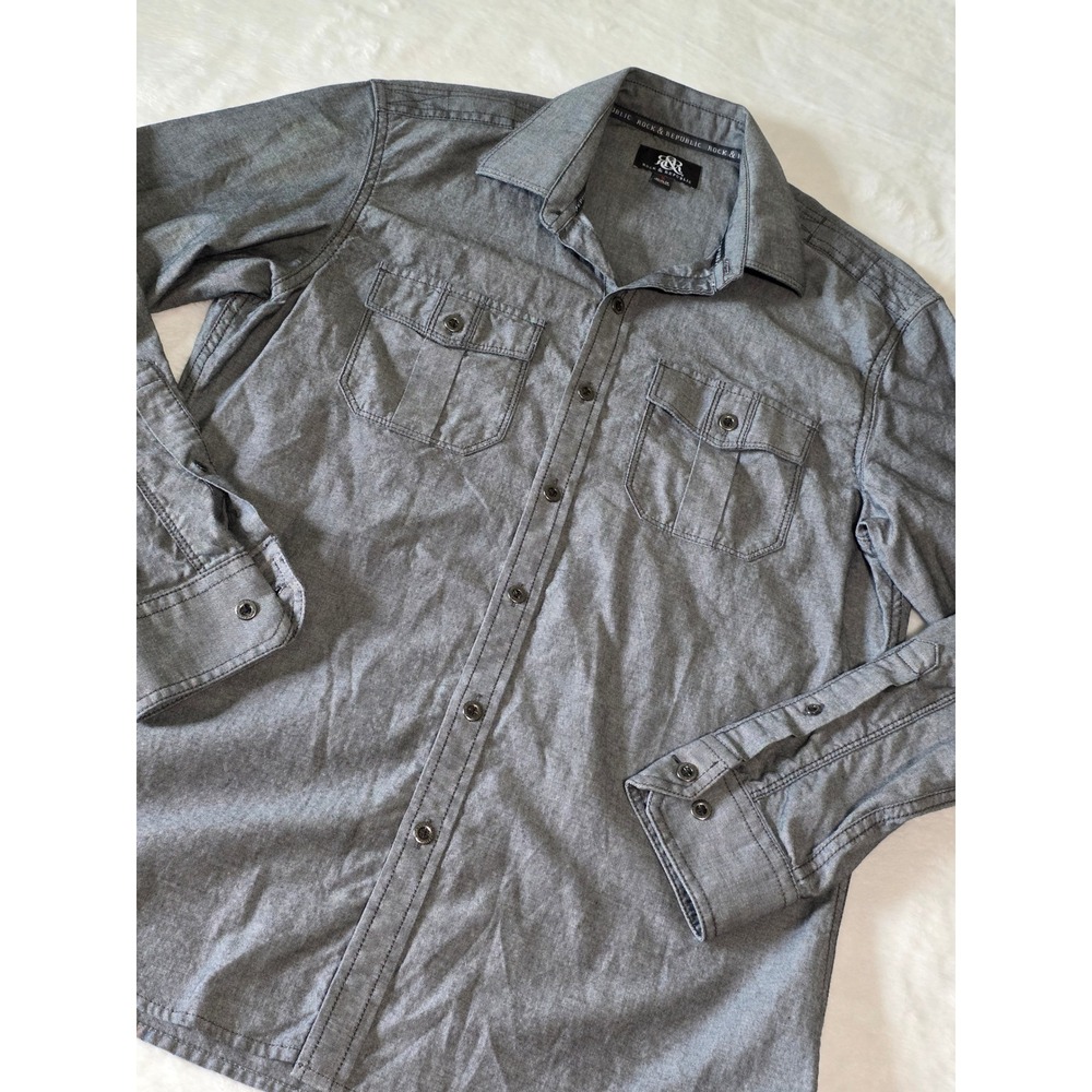Rock & Republic Mens Small Gray Long Sleeve Button Down Shirt Cotton Dual Pocket